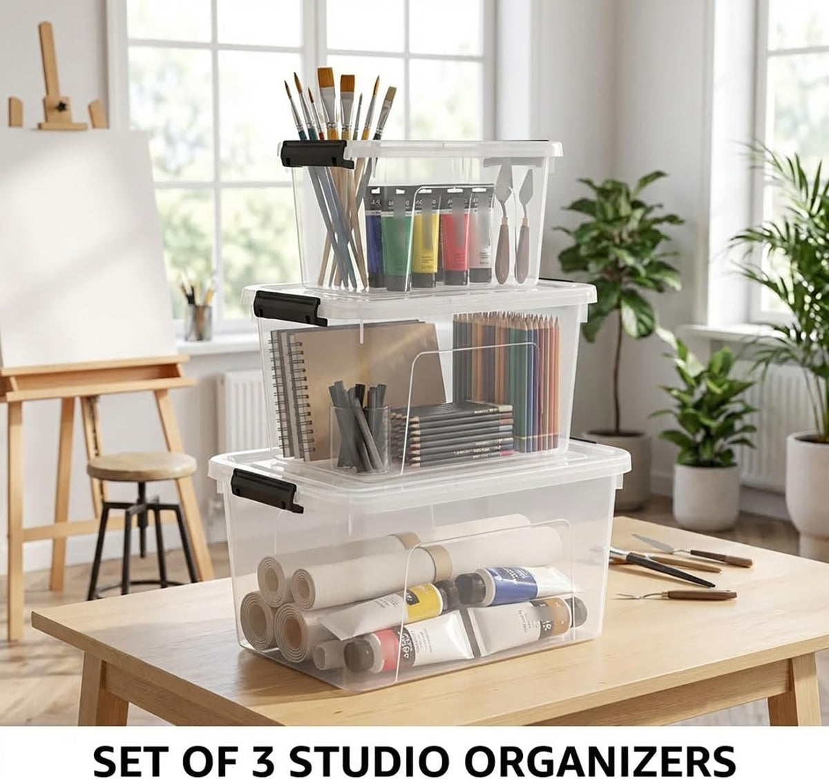 Plastic Storage Bins with Lids, 2 Pack Mixed Sizes (7 Qt, 16 Qt) Clear Black with Lid Stackable Organizer Boxes with Latches for Closet, Pantry, Bathroom, Office