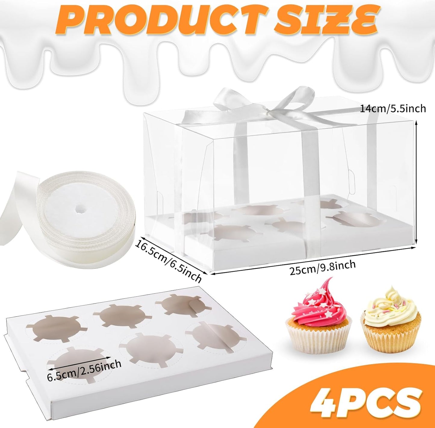 JCD 4 Pack Clear Cupcake Boxes, Plastic Cupcake Containers with Gift Ribbon, 5.5inches height Holder 6 Count Cup Cake Boxes for Parties, Baking, Wedding, Transport (6count/4pcs)