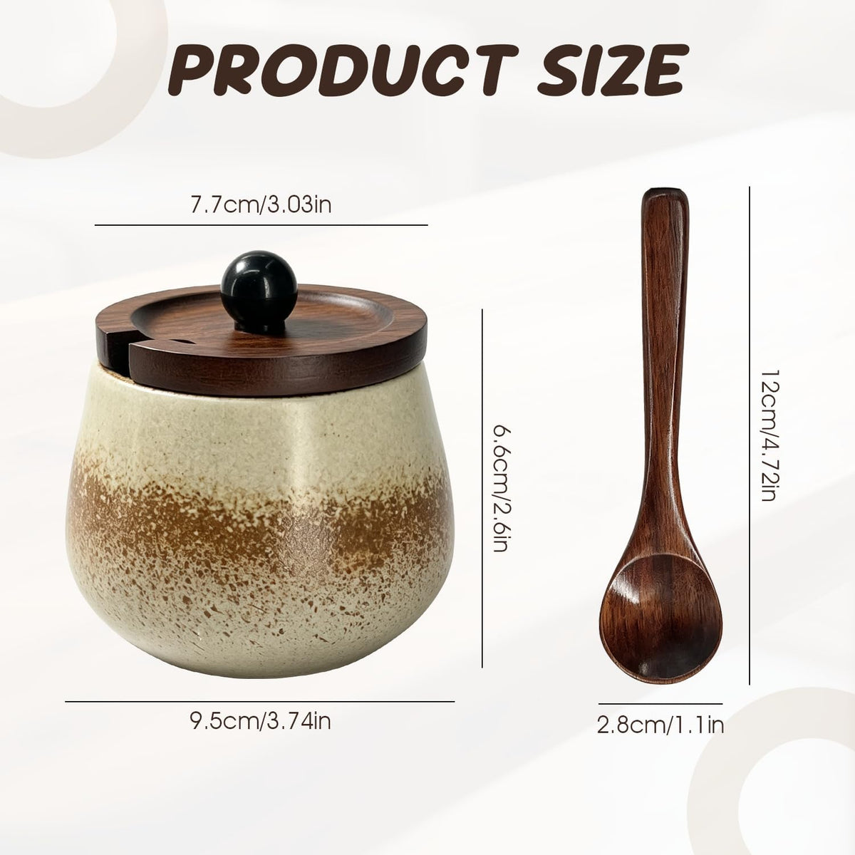 Ceramic Salt Cellar Bamboo Lid Spoon 3.5" Wide 12oz