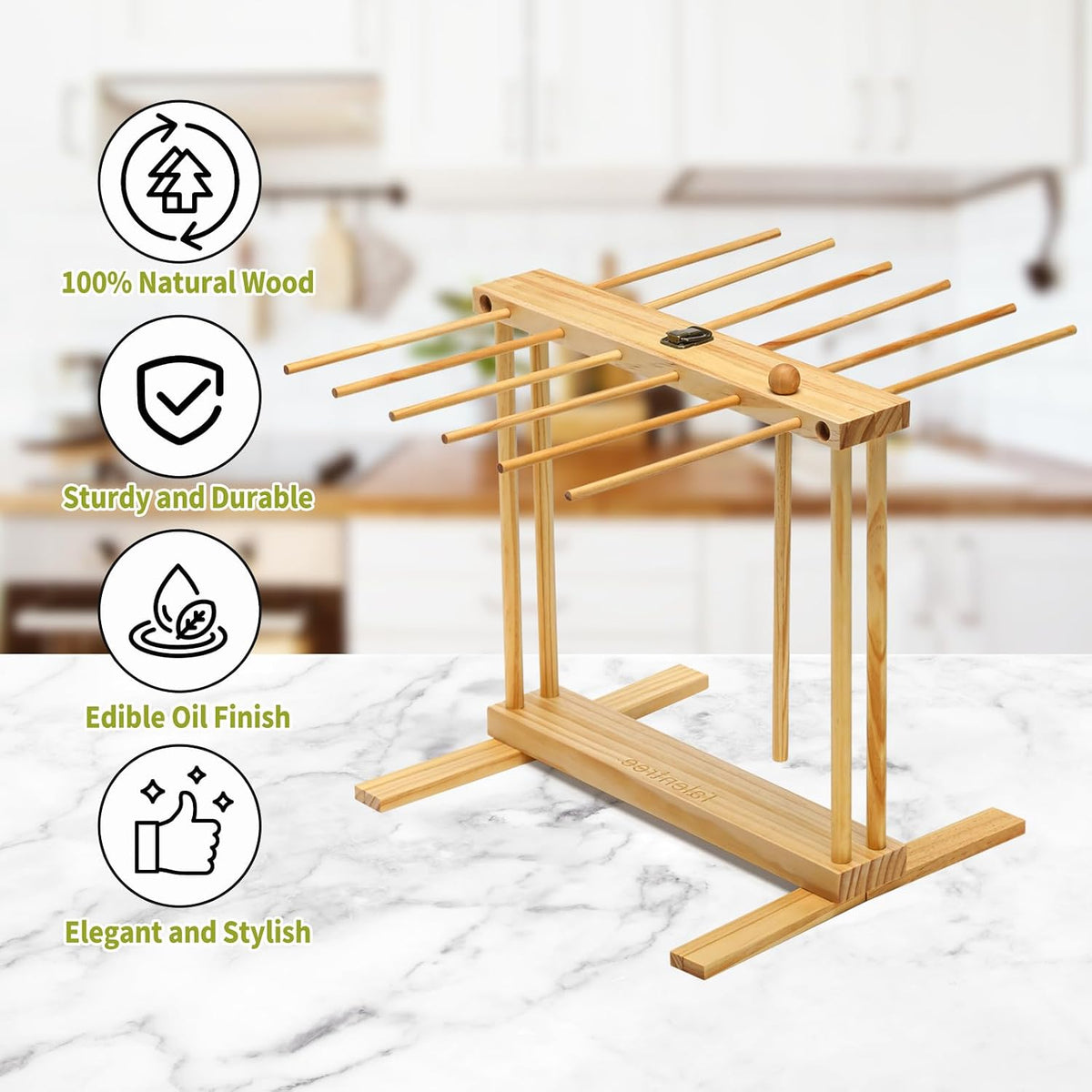 Collapsible Pasta Drying Rack, Wood Pasta Dryer Hanger Rack, Spaghetti Noodle Drying Hanging Rack Stand with 12 Bars and Transfer Wand, Foldable for Easy Storage