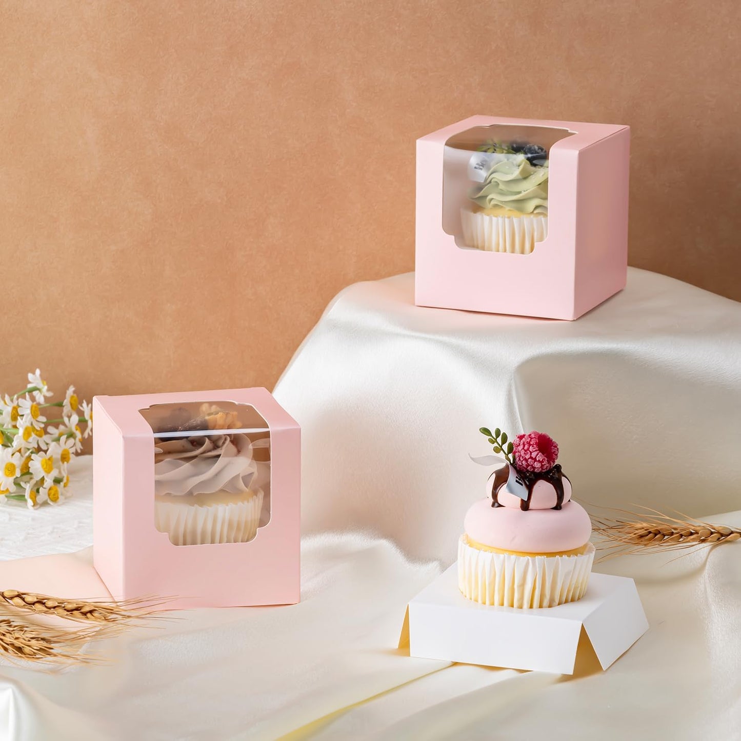 Hoewina 28PCS Cupcake Boxes, Individual Cupcake Containers with Window, Food Grade Cupcake Holders Carrier with Inserts, Stackable Deep Cake Box for Birthday Holiday Party Bakery Supplies (White)