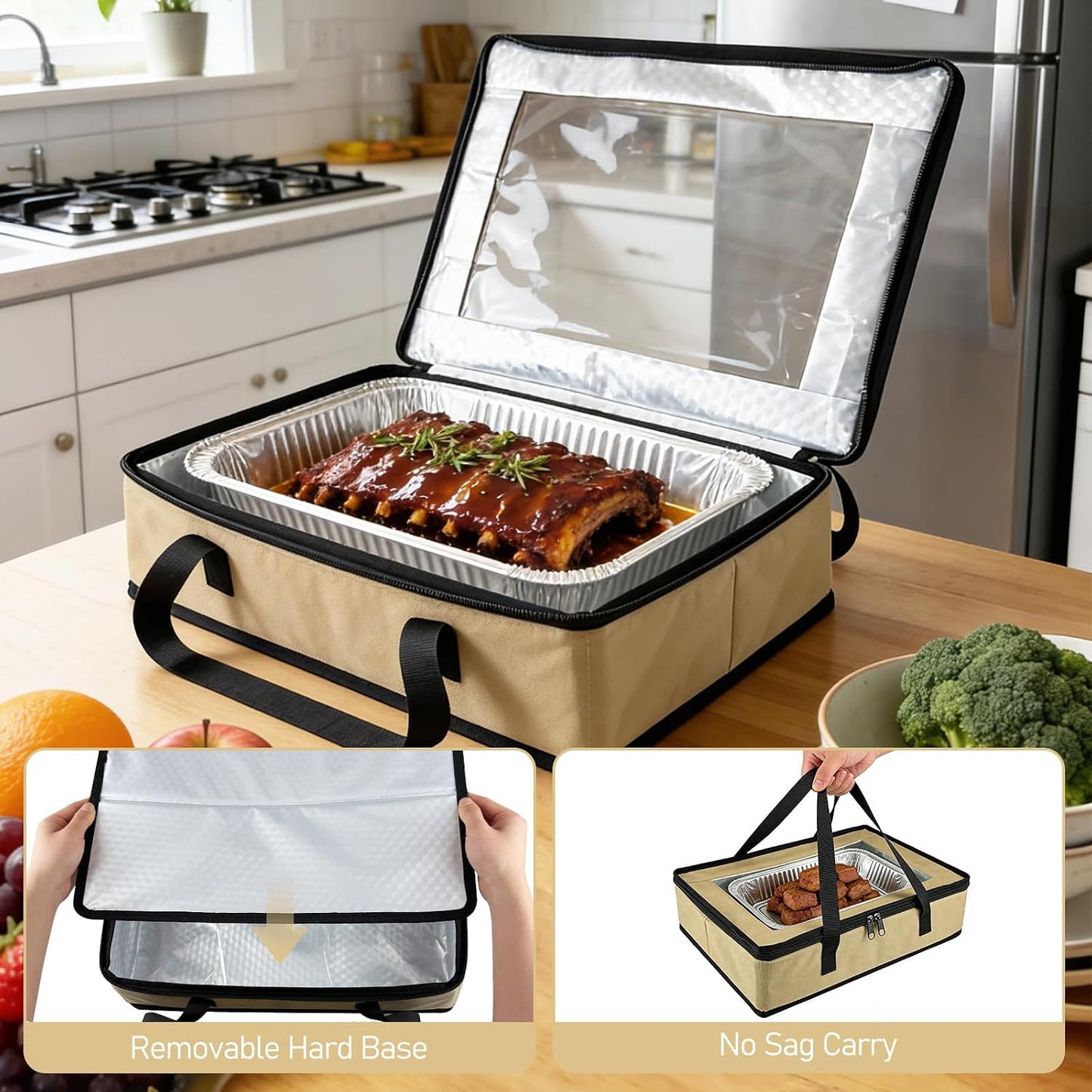 BANGIE BBQ Meat Resting Blanket & 9x13 Foil Pan Carrier - Leakproof Insulated Casserole Transport Bag with Visual Window, Rigid Hard Bottom - Birthday Father's Day Grilling Gifts for Men, Dad,Green