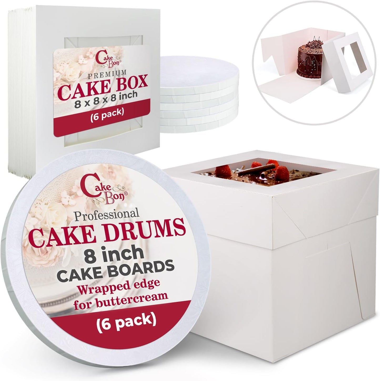 Cakebon Cake Boxes with Drums - 10 Inch Round White Cake Boards/Base para Pasteles (1-Pack) - Caja para Pasteles with Window for Birthdays, Weddings and Parties