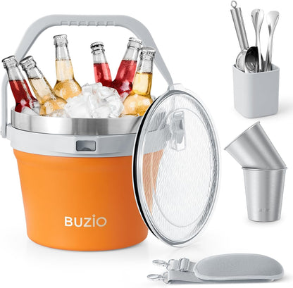 BUZIO 7.4 Qt/7 L Insulated Ice Bucket with Lid, Scoop, Tongs & Metal Cups, Double Wall Vacuum Stainless Steel Beer Bucket, Holds 6 Longnecks/3 Wine Bottles, for Parties Bar, Black