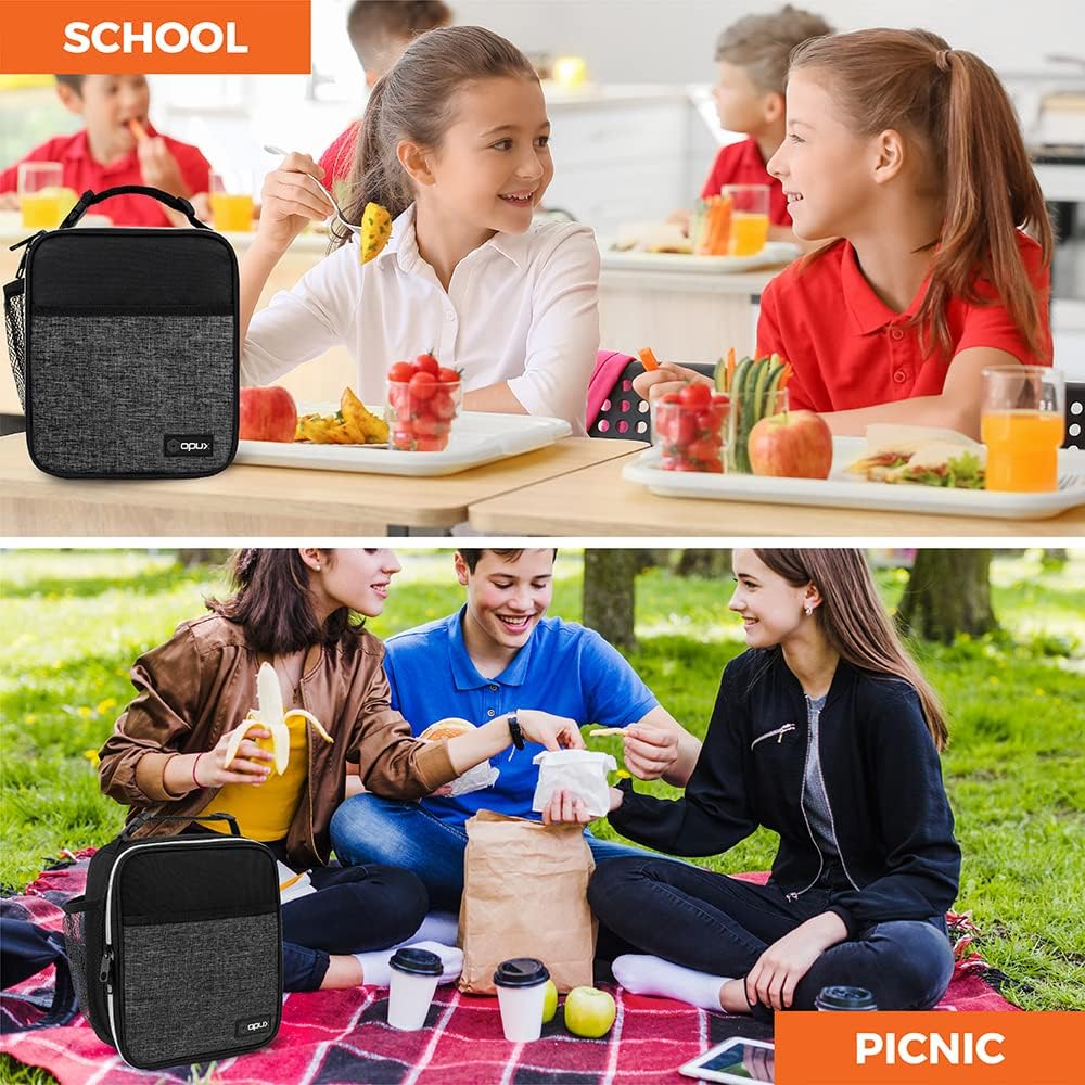 opux Premium Insulated Lunch Box, Soft School Lunch Bag for Kids Boys Girls, Leakproof Small Lunch Pail Men Women Work, Reusable Compact Cooler Tote Lunchbox for Office Adult, Black