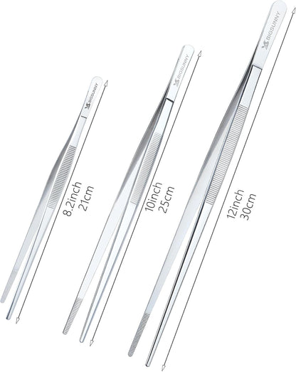 Set of 3 Kitchen Tweezers Fine Tweezer Tongs, MSY BIGSUNNY Stainless Steel Food Tweezers, Precision Serrated Tips Food Tongs (8.5" 10" and 12")