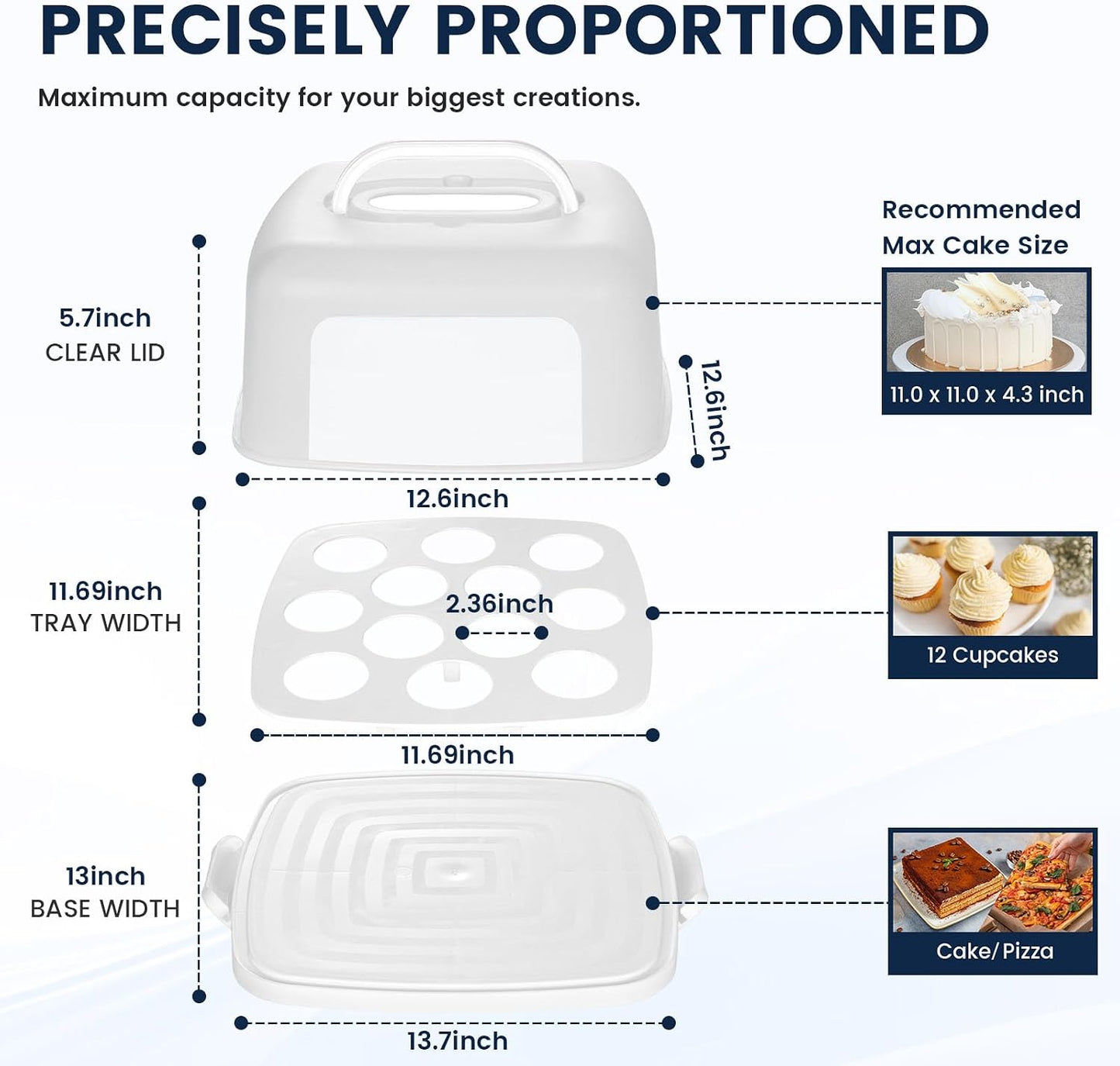 VGOODALL Cupcake and Cake Container with Lid, White Square Cake Carrier 12 Capacity Cup Dessert Holder with Handle for Pie Muffin Cobbler Family Picnics and Party Events, 3-in-1 Design