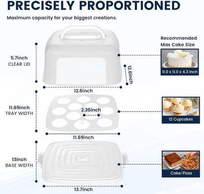 VGOODALL Cupcake and Cake Container with Lid, White Square Cake Carrier 12 Capacity Cup Dessert Holder with Handle for Pie Muffin Cobbler Family Picnics and Party Events, 3-in-1 Design