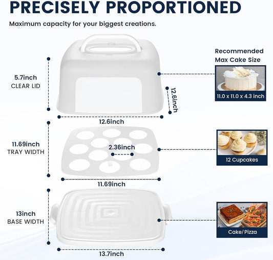 VGOODALL Cupcake and Cake Container with Lid, White Square Cake Carrier 12 Capacity Cup Dessert Holder with Handle for Pie Muffin Cobbler Family Picnics and Party Events, 3-in-1 Design