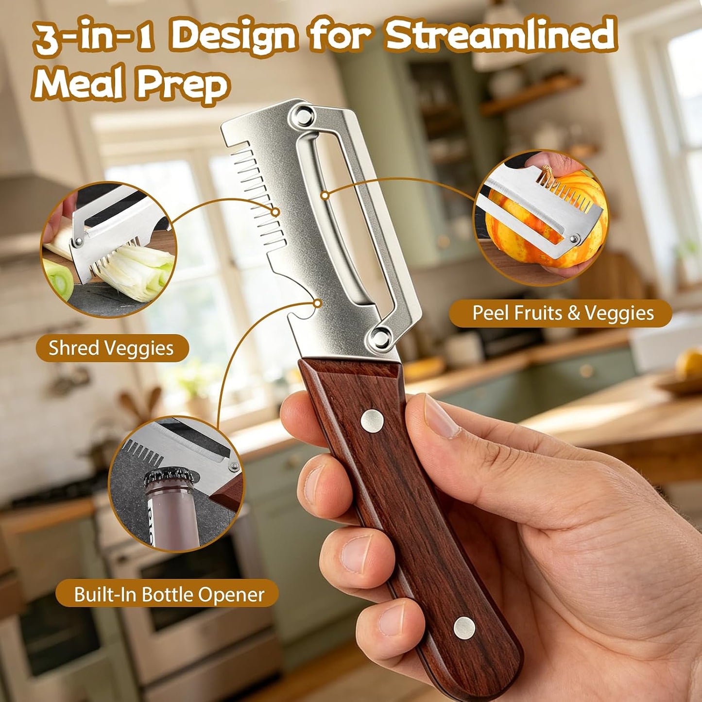 Multifunctional Vegetable Peeler, 2PCS Premium Vegetable Peeler with Wooden Handle and Bottle Opener, 3-In-1 Stainless Steel Kitchen Tool, for Fruit Veggie Peeling and Shredding Scallions (0A)