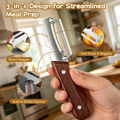 Multifunctional Vegetable Peeler, 2PCS Premium Vegetable Peeler with Wooden Handle and Bottle Opener, 3-In-1 Stainless Steel Kitchen Tool, for Fruit Veggie Peeling and Shredding Scallions (0A)