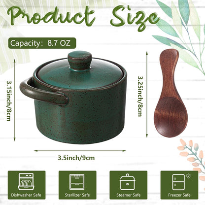 Honeydak Speckled Ceramic Salt Cellar with Lid and Wooden Spoon, Rustic Farmhouse Salt Pepper Cellar Holder for Mothers Day, Housewarming Gift, Heavyweight Spices Jar (Green)