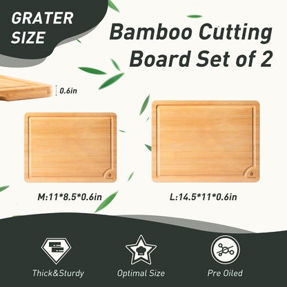 3 Packs Bamboo Cutting Board Set with Non Slip Feet Holder and Over Sink Nice Solid Thick Wood Juice Groove Chopping Board Extra Large Big Small Best Hardwood Kitchen Organic Vegetable Meat BBQ Kit
