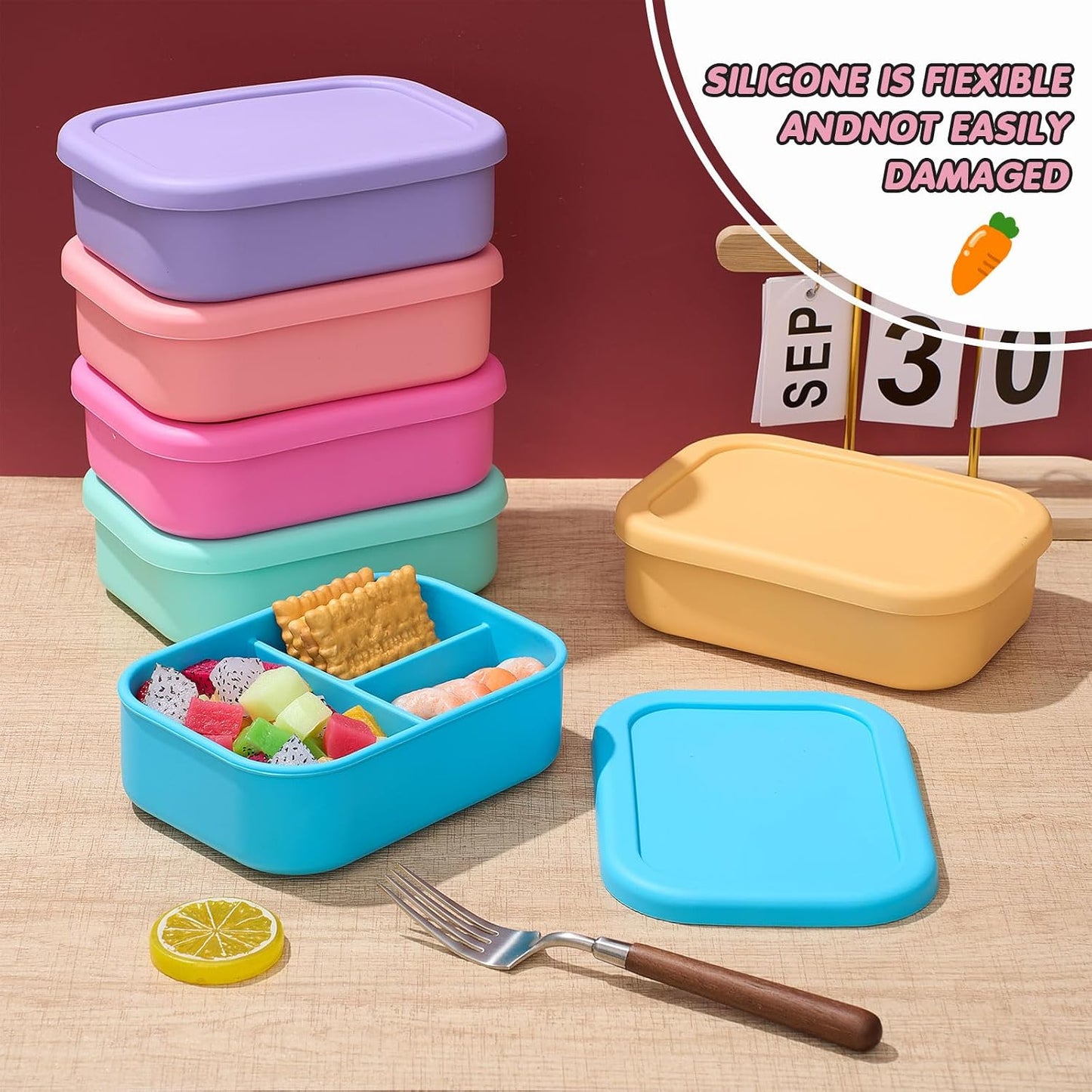 Layhit 4 Pcs Silicone Bento Box for Adults, 27 oz Bento Lunch Container Reusable 3 Compartment Lunchable Food Container for Women Men, Leak Proof Microwave Dishwasher Freezer Safe (Cool Colors)