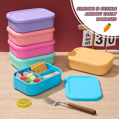 Layhit 4 Pcs Silicone Bento Box for Adults, 27 oz Bento Lunch Container Reusable 3 Compartment Lunchable Food Container for Women Men, Leak Proof Microwave Dishwasher Freezer Safe (Cool Colors)