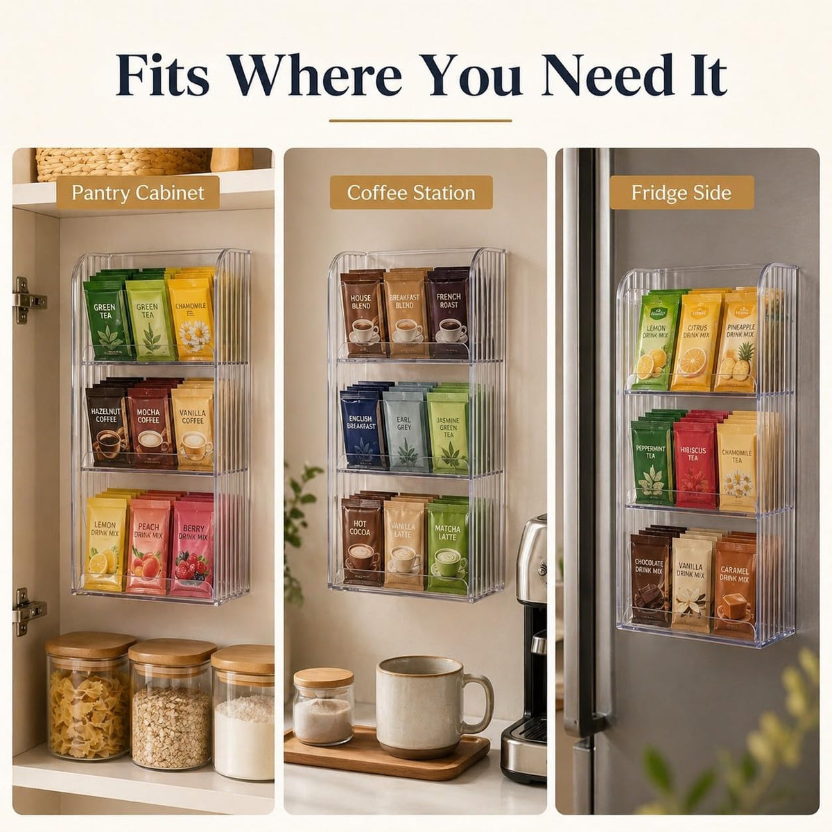 Drink Packet Organizer, 9-Compartment Water Flavor Packet Holder with Removable Dividers, Adjustable Tea Bag and Sugar Packet Storage Bin with Adhesive Stickers for Pantry, Fridge, Cabinet