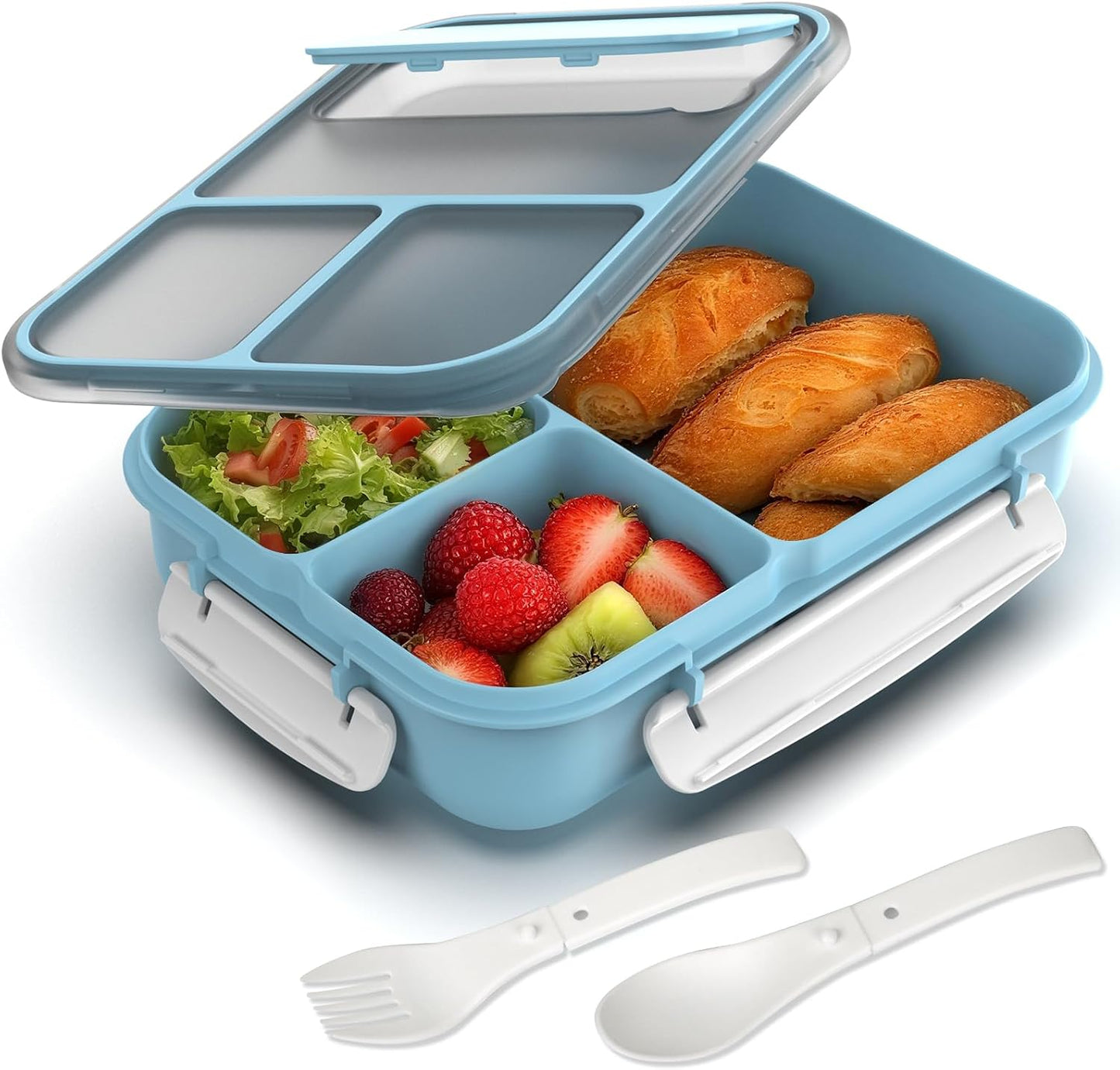 WHALEHOUSE Bento Lunch Box, 1300ML 4 Compartments Meal Prep Container with Utensil, Airtight Food Storage Container with Snap Locking Lids, Microwave/Dishwasher/Freezer Safe, On the Go