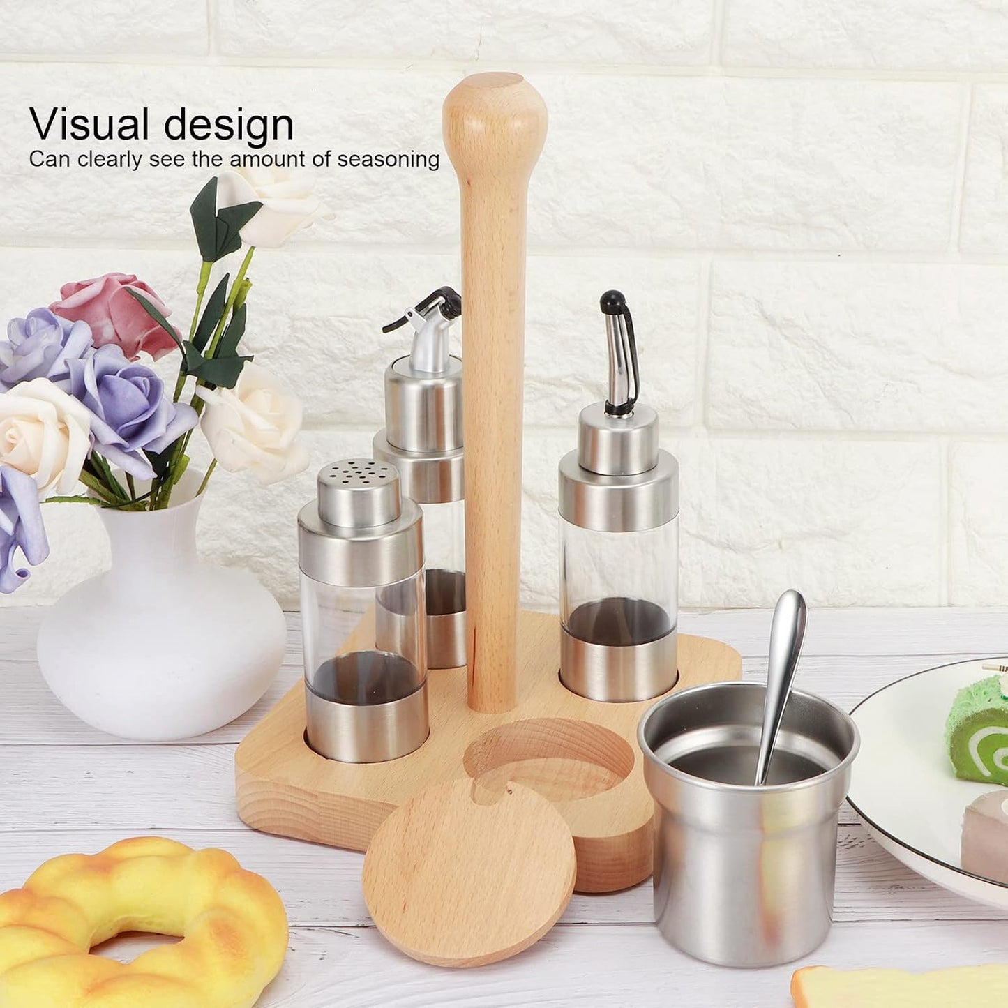 Cruet Set, Wood Condiment Spice Pepper Jar Box 5PCS Stainless Steel Plastic Oil Vinegar Salt Pepper Condiment Dispensers Set with Spoon (square wooden frame)
