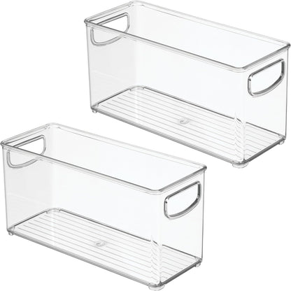 iDesign Plastic Stackable Pantry Bin, Set of 2, Clear | Storage Bin with Handles, For Cabinets or Fridge