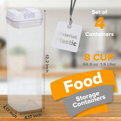 Cheer Collection One Size Airtight Food Storage Containers - Set of 4 IDENTICAL 65 oz Pantry Organizer Bins plus Marker and Labels - Black Lids
