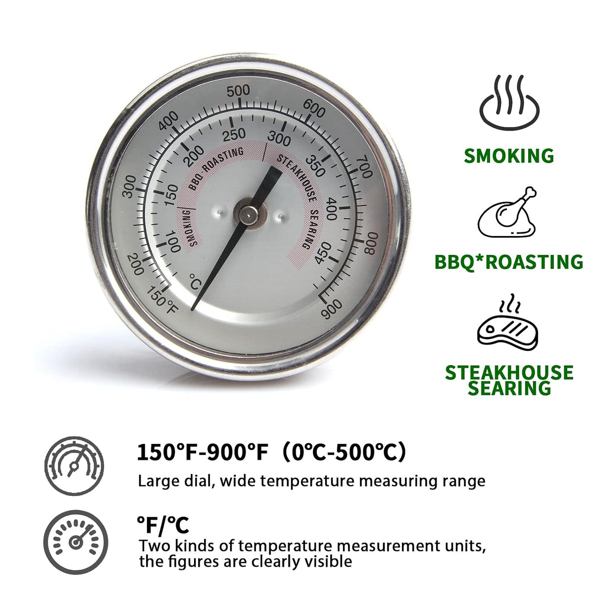 BBQ Grill Temperature Gauge Waterproof Large Face for Kamado Joe Barbecue Charcoal Grill Stainless Steel 150-900°F Cooking Thermometer for Oven Wood Stove Accessories Tool Set Up Easy
