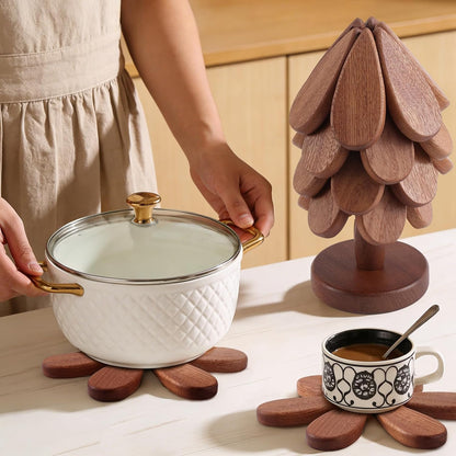 Vertdens Wooden Trivets for Hot Dishes, Hot Dish Coaster with Tree-Shaped Wood Collapsible Hot Pad Trivet Tree for Restaurant, 4 Wooden Trivet + 1 Stand（Walnut Wood）