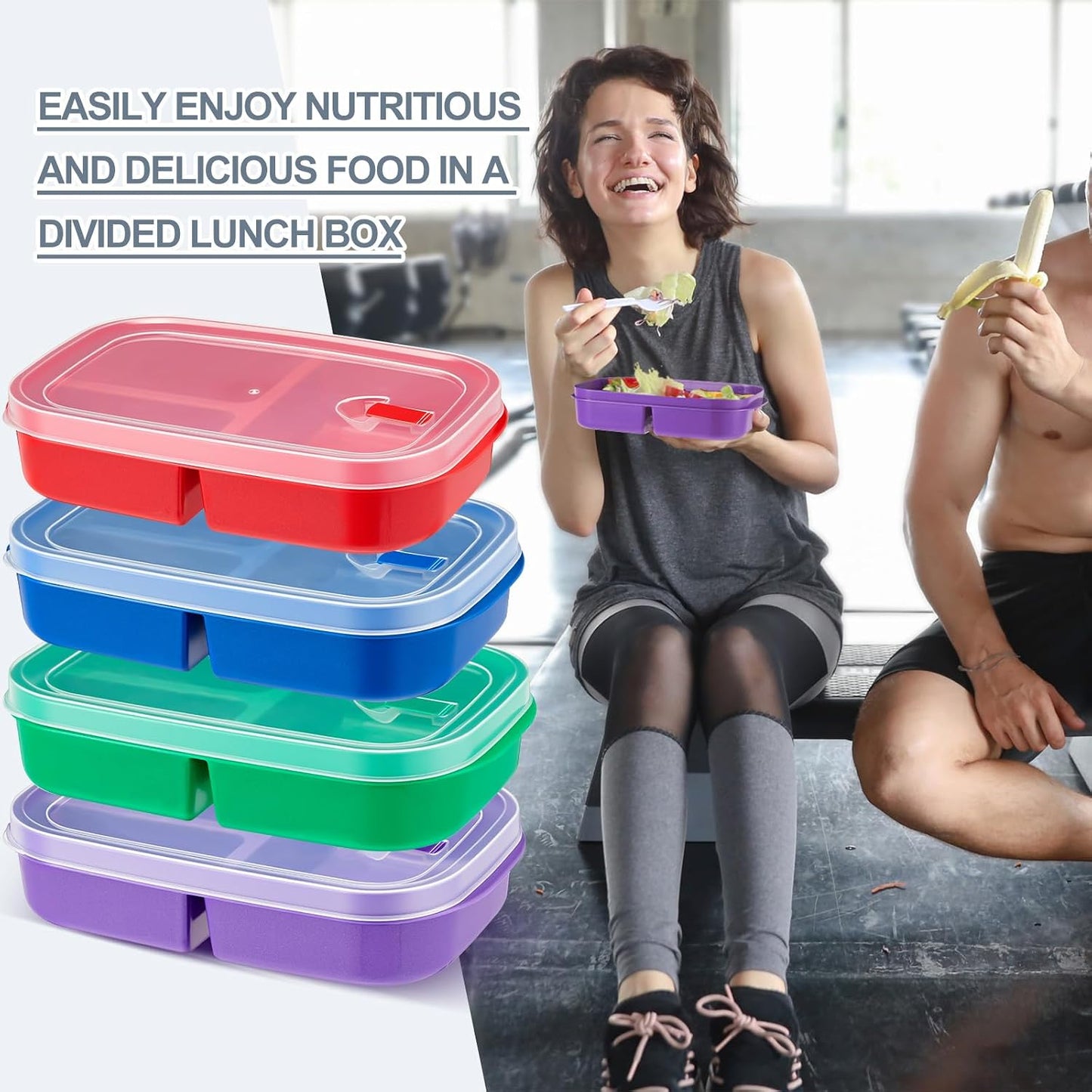 Hushee 4 Pcs Microwave Food Storage Tray Containers with Ventilation Lids 3 Compartment Divided Plates Portion Plate Fits Microwave Fridge(Rectangle,Mixed Colors,10.04 x 6.38 x 2.24 Inch)