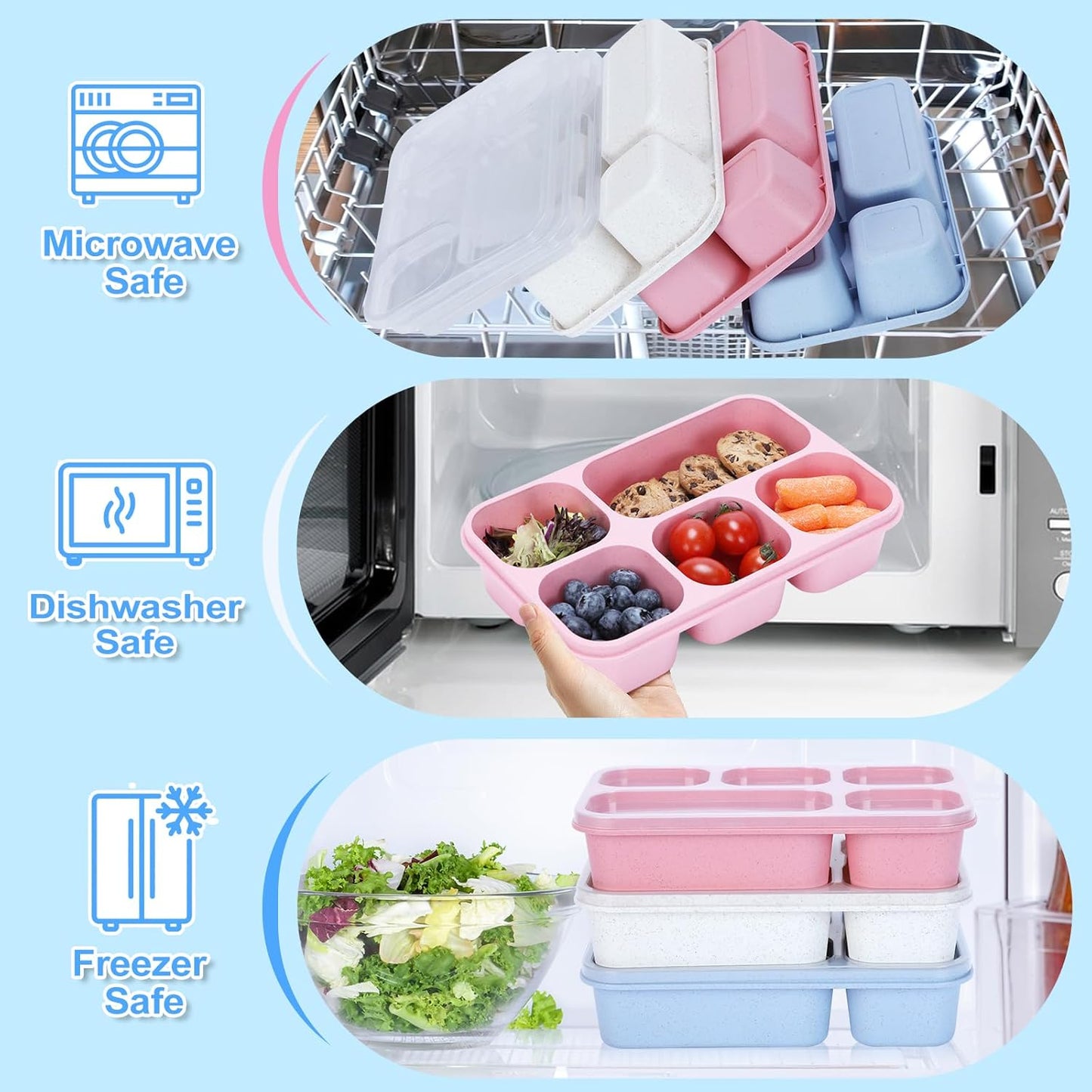 Rinwoc Bento Box [Portion Size], 3 Pack Snack Containers with 3 Compartments for Meal Prep & On-the-Go [School, Travel], Lunchable Container Reusable and BPA-Free