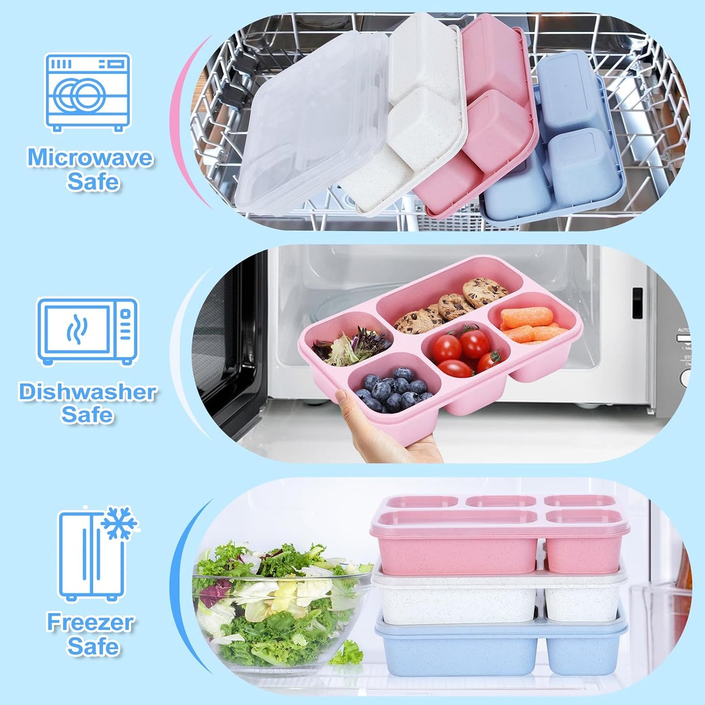Rinwoc Bento Box [Portion Size], 3 Pack Snack Containers with 3 Compartments for Meal Prep & On-the-Go [School, Travel], Lunchable Container Reusable and BPA-Free