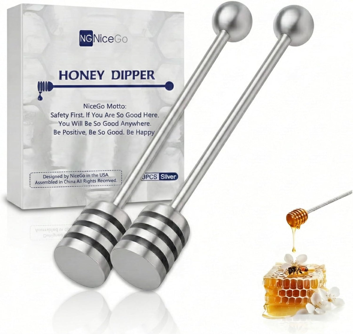 NiceGo Honey Dipper. Premium 304 Stainless Steel Honey Dipper Set, 6.3 Inch Kitchen Stirrer, 2 Pack Deep-Groove Honeycomb Sticks for Syrup, Molasses, and Sauces, Dishwasher Safe. 2 PCS in One Box.