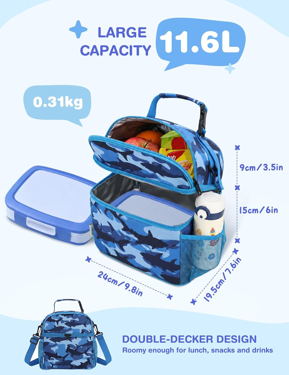 VASCHY Lunch Box Bag for Kids, Insulated Double Compartments Cooler Lunch Tote for Toddlers Boys Girls School/Daycare/Picnic Black Dinos