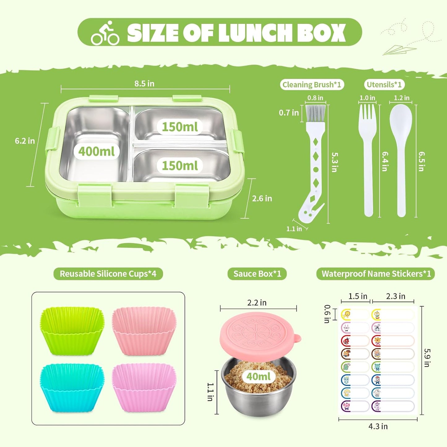 Kids Stainless Steel Bento Box, 3 Compartments Leakproof Lunch Box, Portable Food Storage Containers with Silicone Lids BPA-Free for Office, Picnics, Travel, Blue