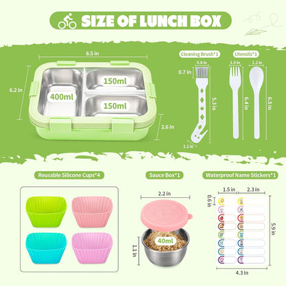Kids Stainless Steel Bento Box, 3 Compartments Leakproof Lunch Box, Portable Food Storage Containers with Silicone Lids BPA-Free for Office, Picnics, Travel, Blue