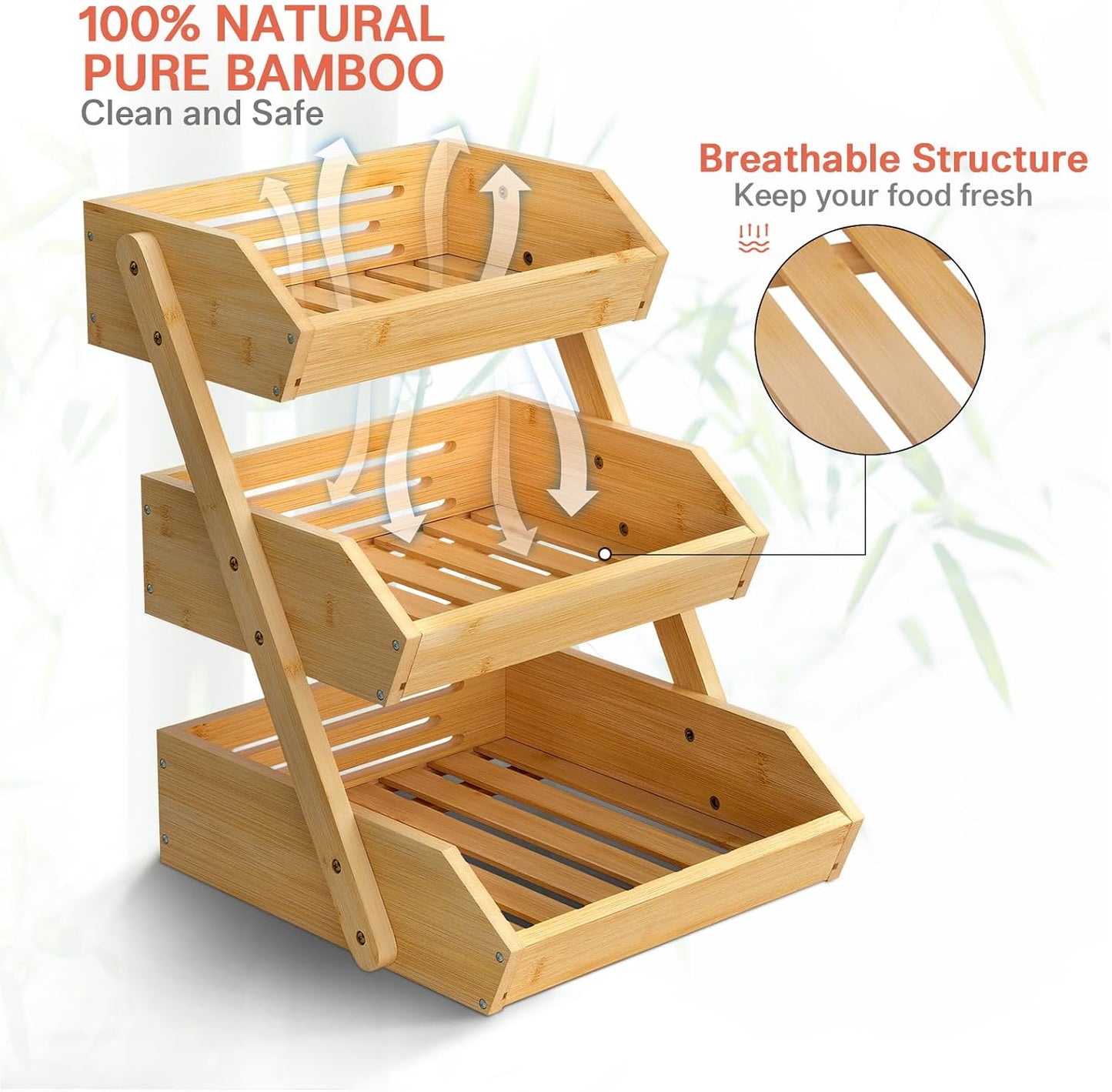 G.a HOMEFAVOR Large Bamboo Fruit Basket, 2-Tier Fruit Bowl for Kitchen Counter, Vegetable Storage Stand for Fruit Shop, 15 mm Thickness (Self-assembly)