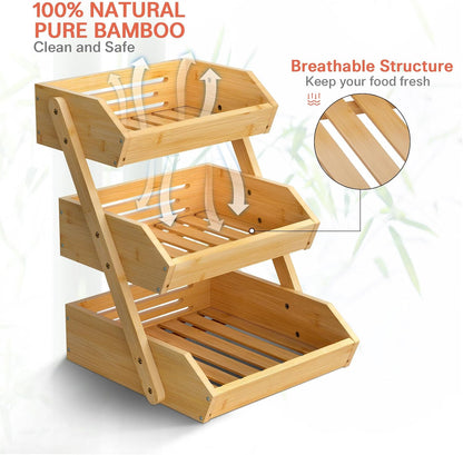 G.a HOMEFAVOR Large Bamboo Fruit Basket, 2-Tier Fruit Bowl for Kitchen Counter, Vegetable Storage Stand for Fruit Shop, 15 mm Thickness (Self-assembly)