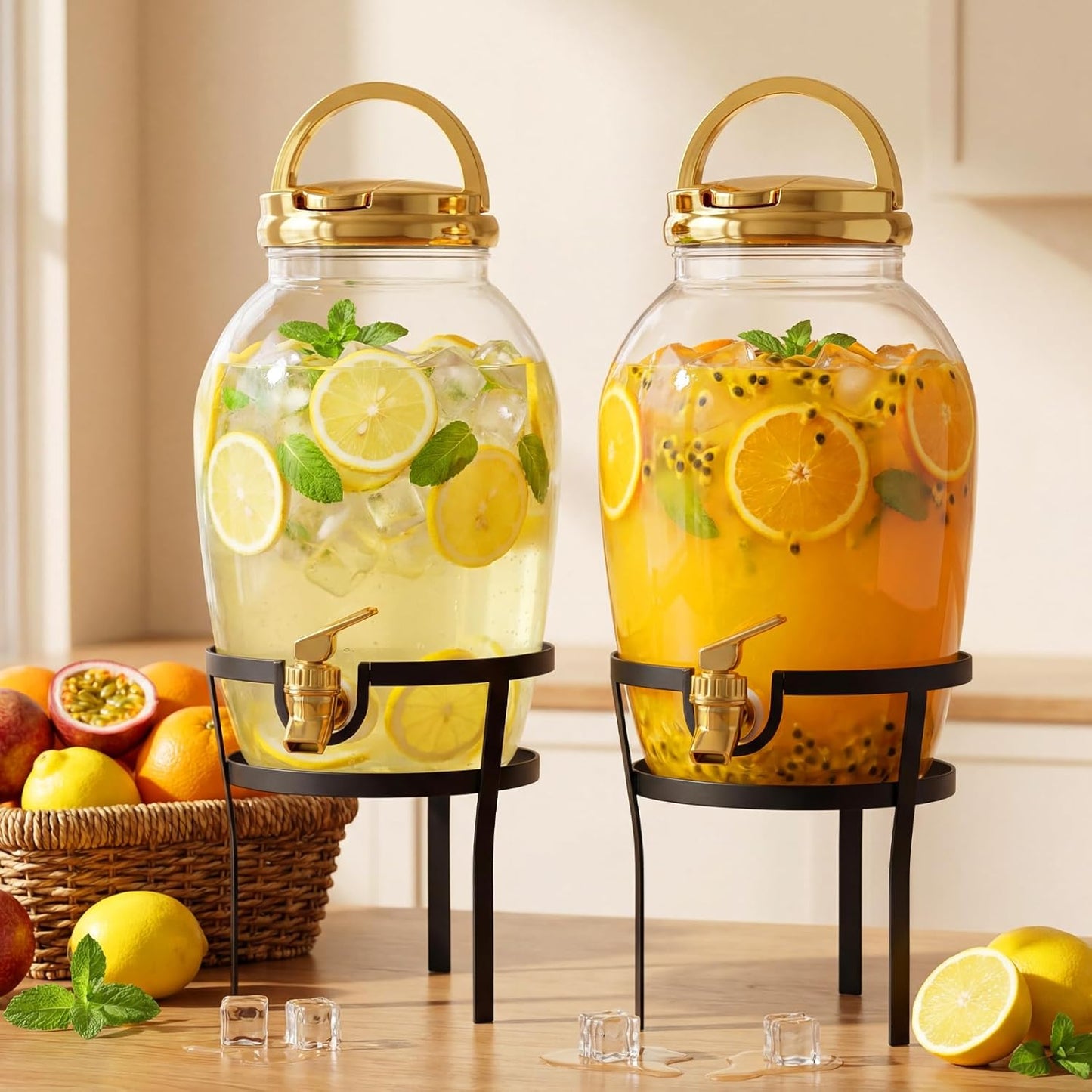 Havawish 2 Pack 1.16 Gallon Drink Beverage Dispenser with Stand for Parties Plastic Water Lemonade Juice Dispenser with Spigot and Lid for Countertop Weddings(Gold)