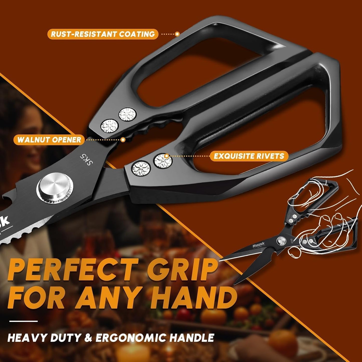 HUUSK Kitchen Scissors All Purpose - Stainless Steel Kitchen Shear, Sharp Silver Meat Scissors Dishwasher Safe, Heavy Duty Poultry Shears, Japanese Cooking Scissor for Food, Christmas Gifts for Women