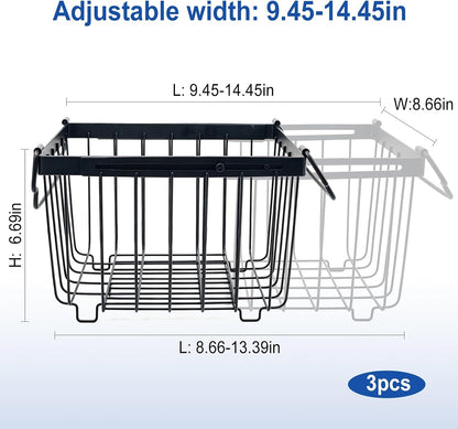 3Pack Freezer Organizer Bins, Stackable Chest Deep Freezer Storage Containers, Expandable Freezer Baskets with Handle fit 5cu.Ft 7cu.Ft Freezer, Fridge, Pantry (Black-3Pack)