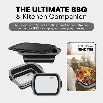 2-Pack XL Collapsible BBQ Prep Tub with Built-in Cutting Board, Lid & Strainer – Multipurpose Meal Prep Container for Outdoor Cooking, BBQ Parties, Kitchen & Travel Use (Black)