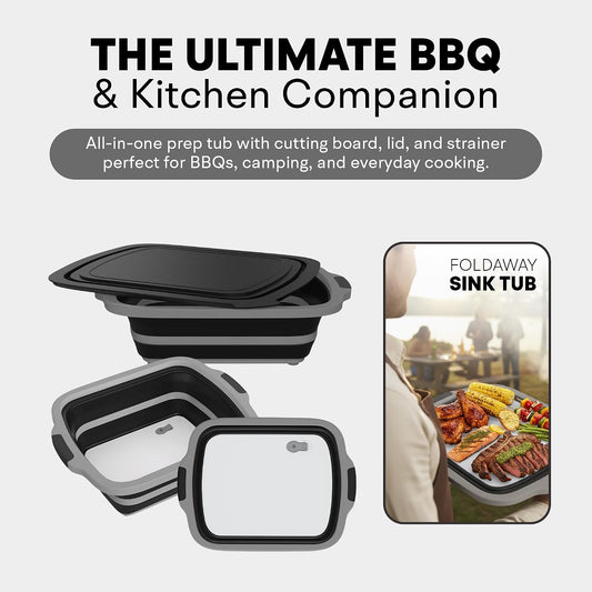 2-Pack XL Collapsible BBQ Prep Tub with Built-in Cutting Board, Lid & Strainer – Multipurpose Meal Prep Container for Outdoor Cooking, BBQ Parties, Kitchen & Travel Use (Black)