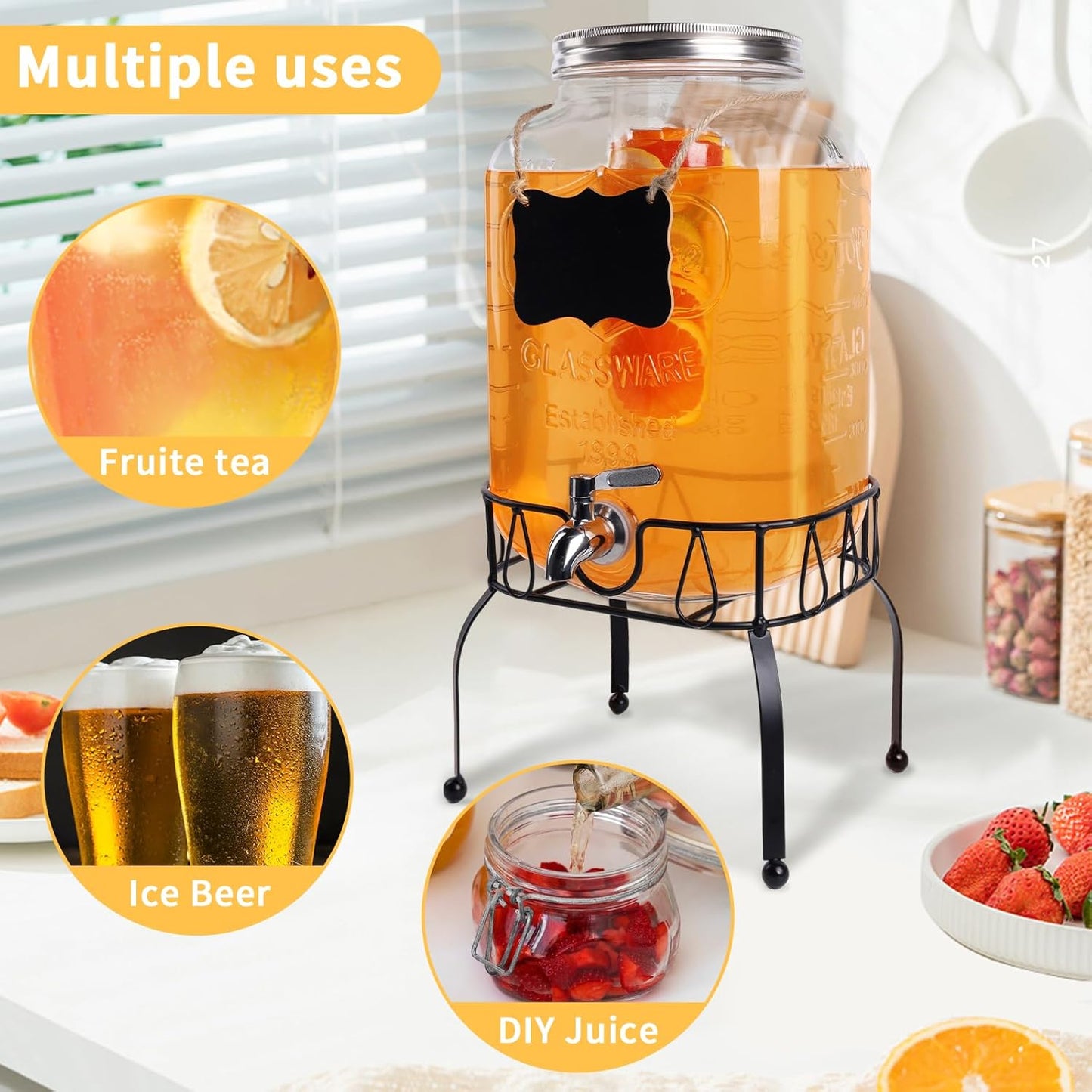 2 Gallon Glass Beverage Dispenser Jars, Ice Juice Dispenser with Stainless Steel Faucet and Metal Stand for Parties & Wedding (1 Pack Jar)