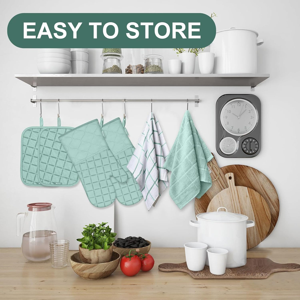 Oven Mitts Kitchen Towels and Dishcloths Pot Holders Sets, Oven Gloves Kitchen Dish Towels 500 Degree Heat Resistant Potholders with Non-Slip Silicone Surface for Cooking, Grilling, Baking-Gray