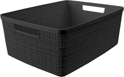 Curver Set of 4 Large 18L Easy Access Jute Decorative Plastic Organization and Storage Baskets - Perfect Bins for Home Office, Closet Shelves, Kitchen Pantry and All Bedroom Essentials, Black