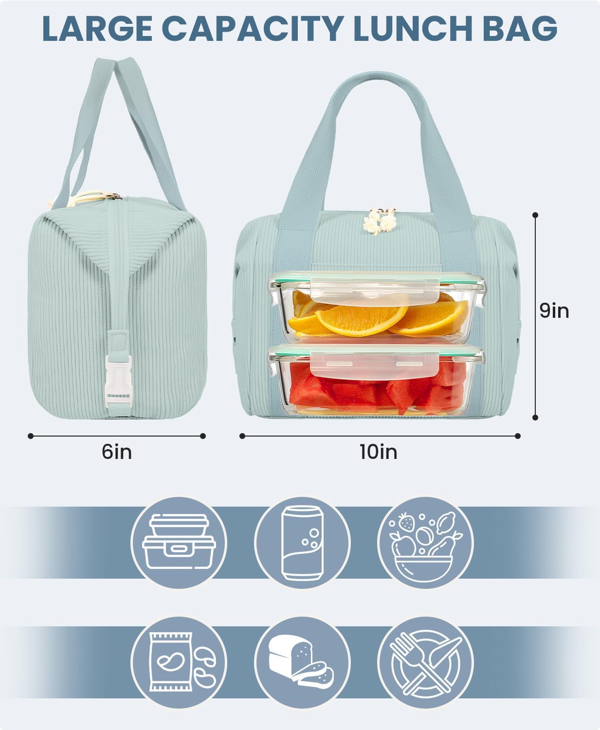HowFly Lunch Bag Women Lunch Box for Women Cute Corduroy Insulated Lunch Bag Adult Large Cooler Lunch Tote Bags for Work Picnic Beach, Blue