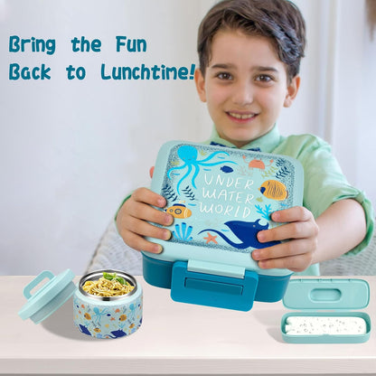 JXXM Bento Lunch Box for Kids With 8oz Soup thermo,Leak-proof Lunch Containers with 5 Compartment,thermo Food Jar and Lunch Bag, Food Containers for School (A-Blue(Extreme Locomotive))
