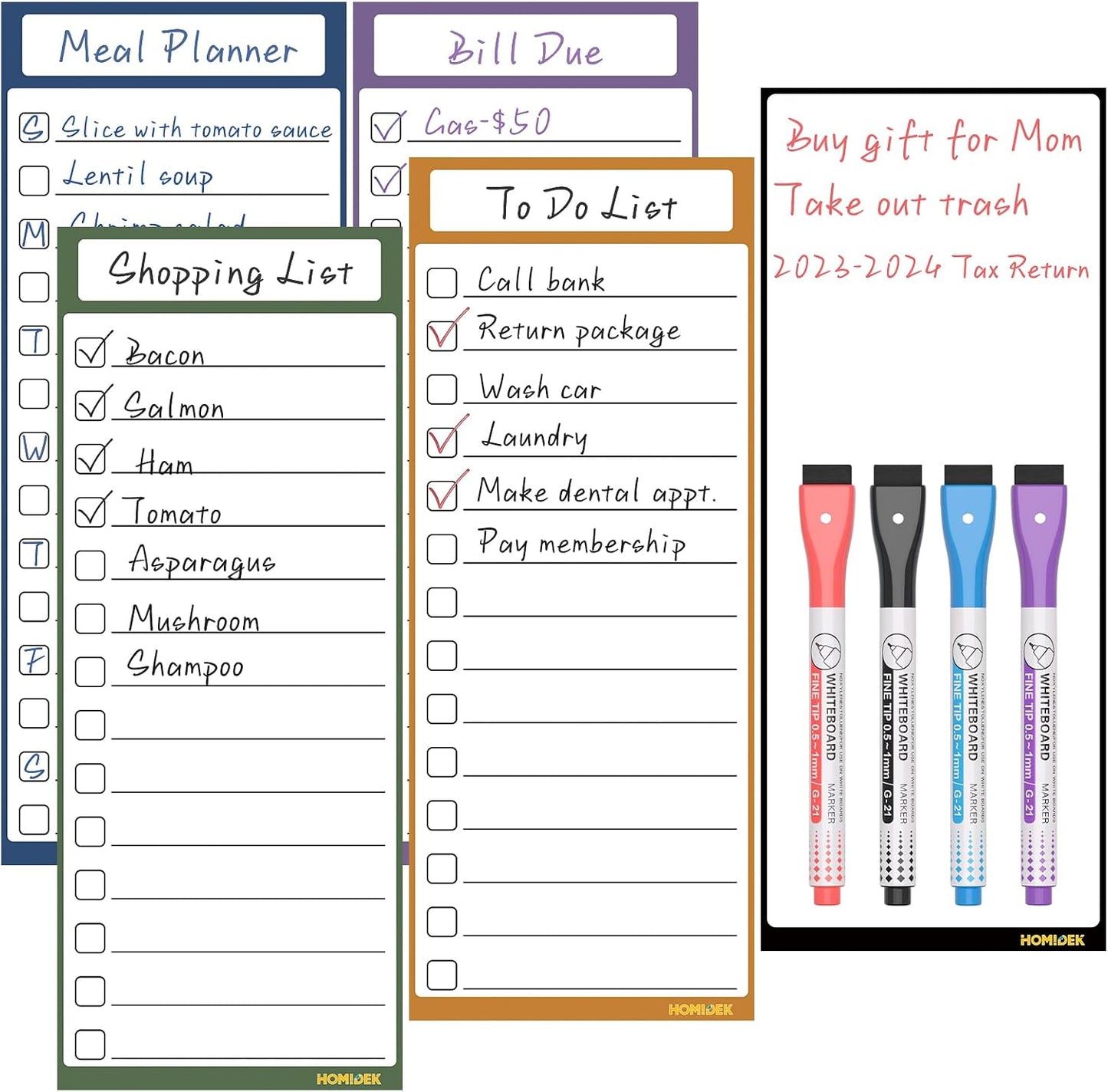 Magnetic White Board for Fridge - Dry Erase Meal Planner for Refrigerator - Weekly Menu Board, Grocery List, Memo Pad, Fridge and Freezer Inventory List - Kitchen Whiteboard with 4 Markers - 4" x 10"
