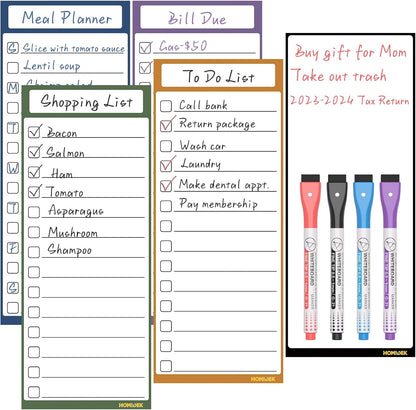Magnetic White Board for Fridge - Dry Erase Meal Planner for Refrigerator - Weekly Menu Board, Grocery List, Memo Pad, Fridge and Freezer Inventory List - Kitchen Whiteboard with 4 Markers - 4" x 10"
