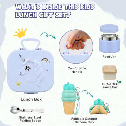 Aimsnk Magical Dinosaur Kids Lunch Box Set -12oz Insulated Food Jar, Leakproof Lunch Food Containers Cutlery, Leak-Proof Sauce Cup & Spoon, Gradient Green+Jar Green