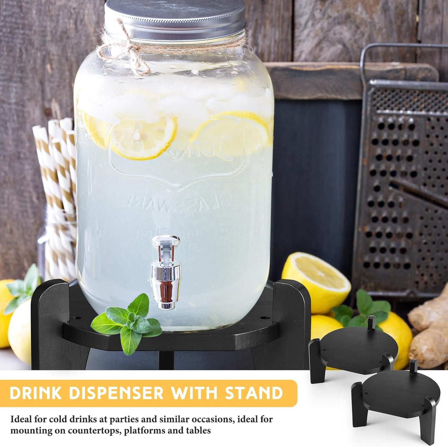 Roshtia 1 Pcs Beverage Dispenser Stand Bamboo Wood Drink Dispenser Stand Fits 6-8" Diameter of Glass Jar Base for Glass Beverage Water Jug Containers (Black)