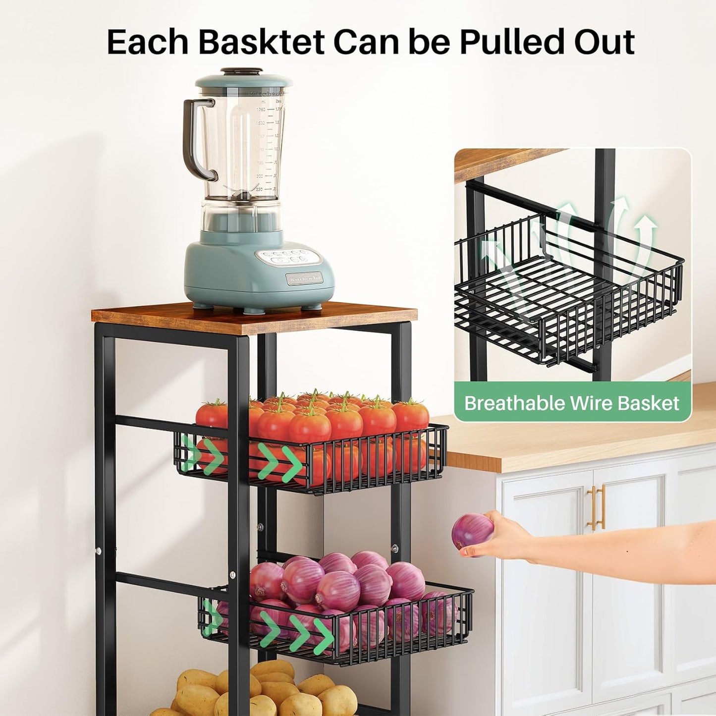 SNTD Fruit Basket Vegetable Stand for Kitchen Pantry, Pull Out Metal Wire Basket with Wood Top for Fruit Vegetable Onions Potatoes Snacks